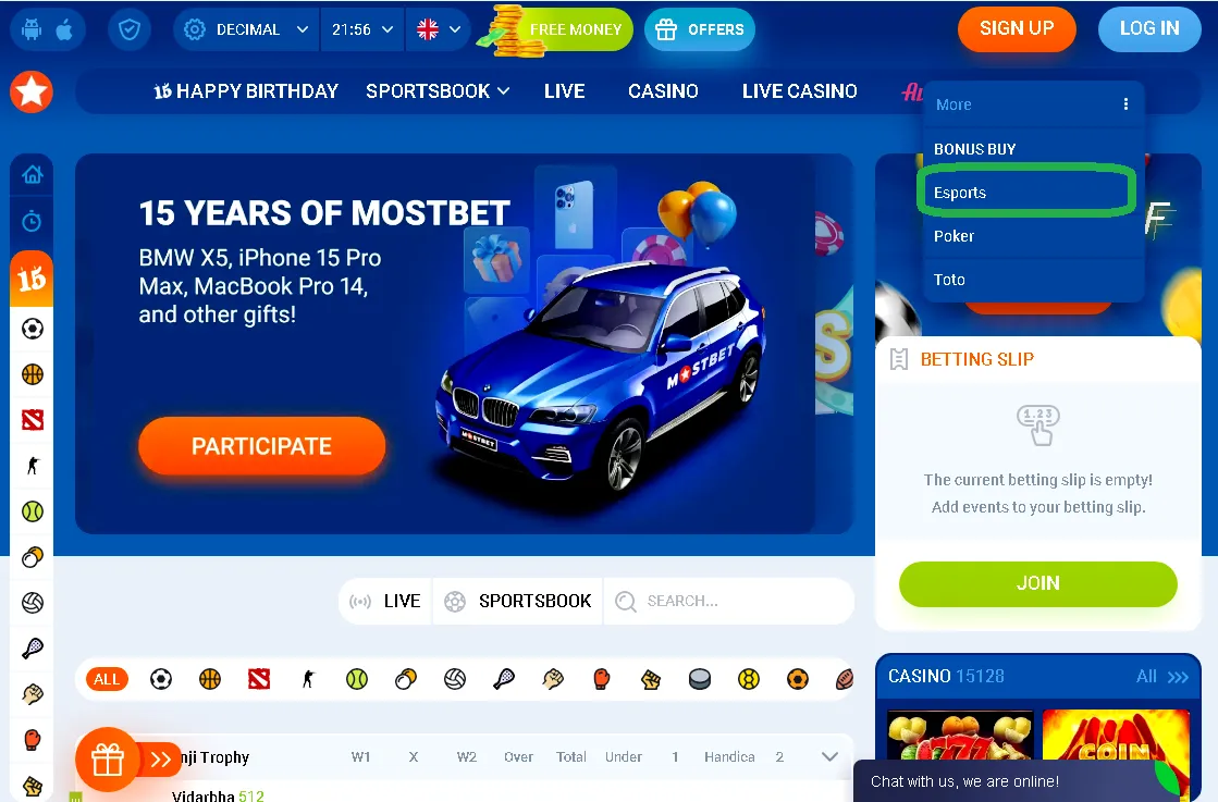Mostbet e-sport szekció felülete